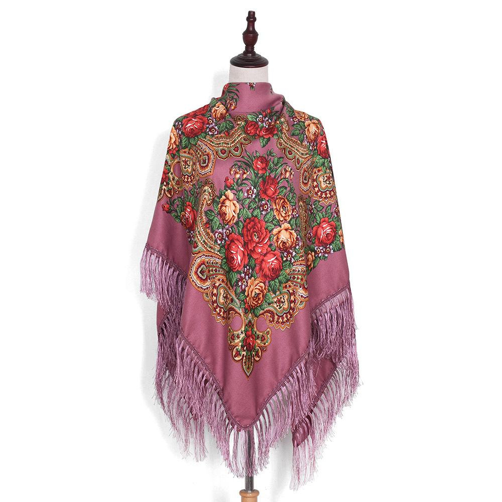 160*160Cm Women Russian National Scarf Lady Tassel Floral Print Headscarf Wraps Babushka Bandana Beach Travel Shade Shawls