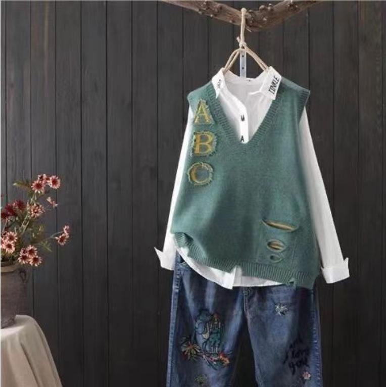 Pletená vesta s výstřihem do V Dámská Umělecká Ležérní Volná Bez rukávů Vlněná Tílko Spodní díl