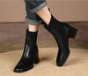 Women Ankle Boots Cow Leather Upper Flying Knitted Boots Shoes Vintage Thick-heeled Short Boots