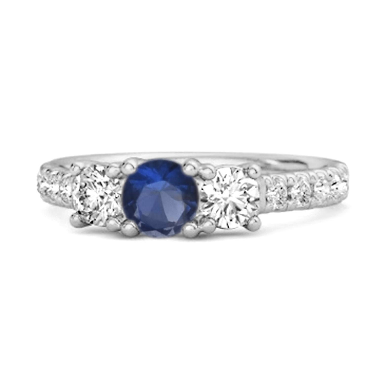 Blue Sapphire Triple Stone pave Band Ring - 925  Sterling Silver 11