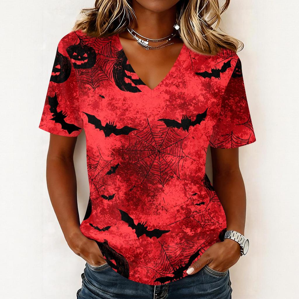 Haut pull décontracté à manches courtes et col en V pour femme, imprimé Halloween, coupe ample, t-shirt léger pour un usage quotidien