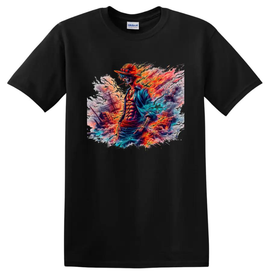 Portgas D Ace Anime Fire Pirate T Shirt w/ Ships Ocean Battle Graphic Tee Art