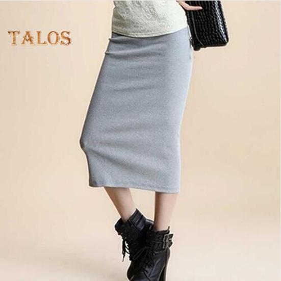 Kadın Midi Etek Orta Bel Sırt Bölünmüş Tasarım Düz Renk Örgü Etek Kalça Sarılı Ofis Bayan Etek İş Giyim