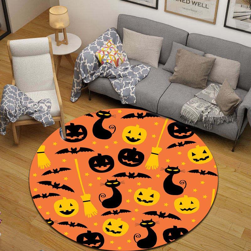 Round Floor Mat Halloween Pumpkin Black Cat Bat Witch Broom Party Room Decor