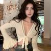 Womens Short Cropped V-Neck Long Sleeve Top With Cut-Out Details Flare Sleeves Modal Fabric Slim Fit Black