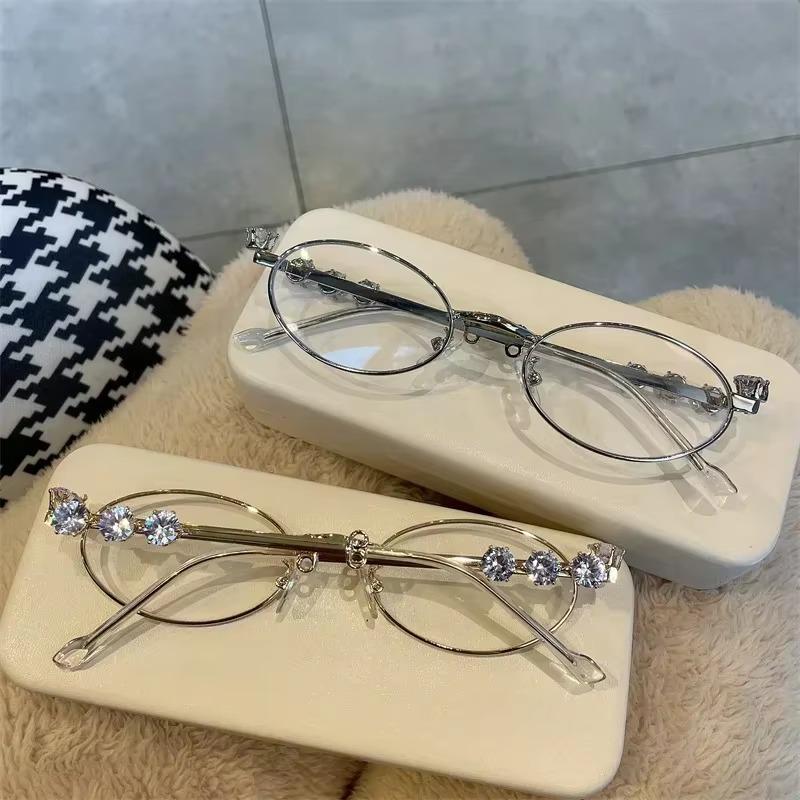 Oval Shades Rhinestone New Sunglasses Bling Eyeglasses Frames Clear Lens Small Round Women Men Metal Retro Diamond Frame Eyewear