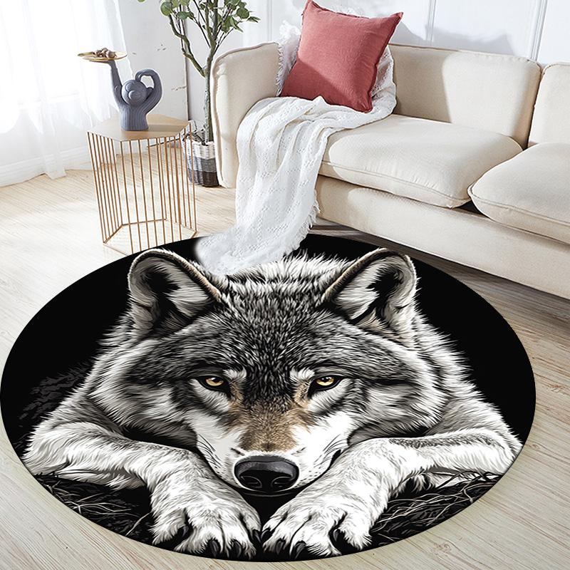 Gray Wolf Round Area Rug,Carpet Rug for Living Room Bedroom Sofa Playroom Decor,Non-slip Floor Mat