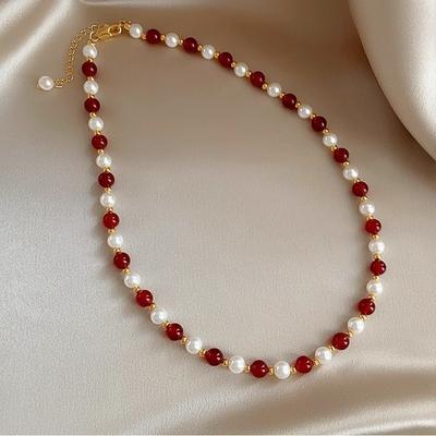 Glass Pearl New Chinese Agate Bead Necklace Female Retro Temperament Ankela Red Collarbone Chain