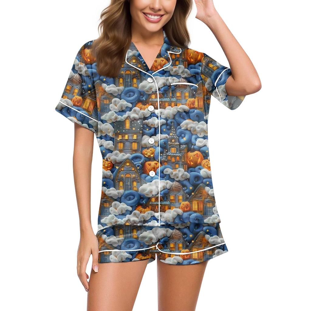 Women's Casual Fashion Halloween Printed Short Sleeve Home Suit