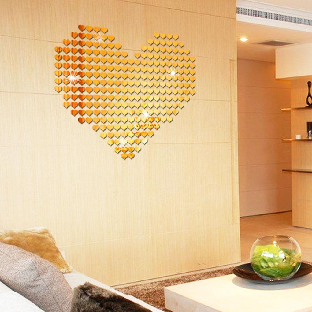 100Pcs Wall Decoration Mirror Acrylic Heart Sticker Self-adhesive 3D Decal for Kids Bedroom Living Room