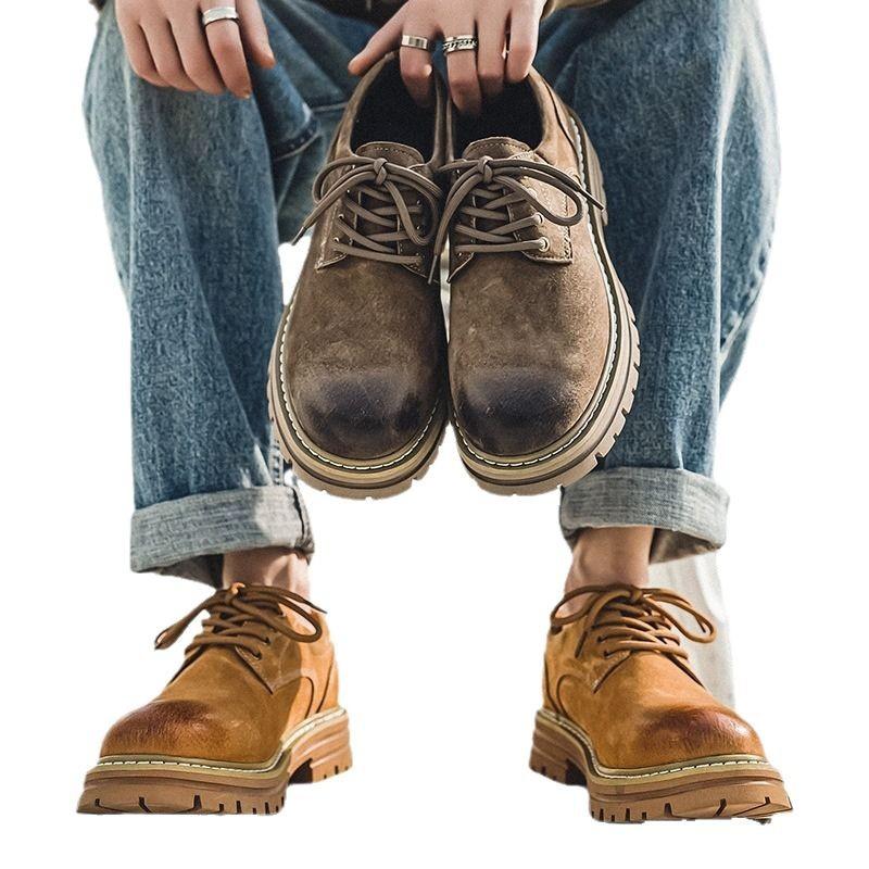 Spring new products men's leather shoes pigskin British retro low-top thick-soled heightening non-slip casual tooling shoes men's versatile