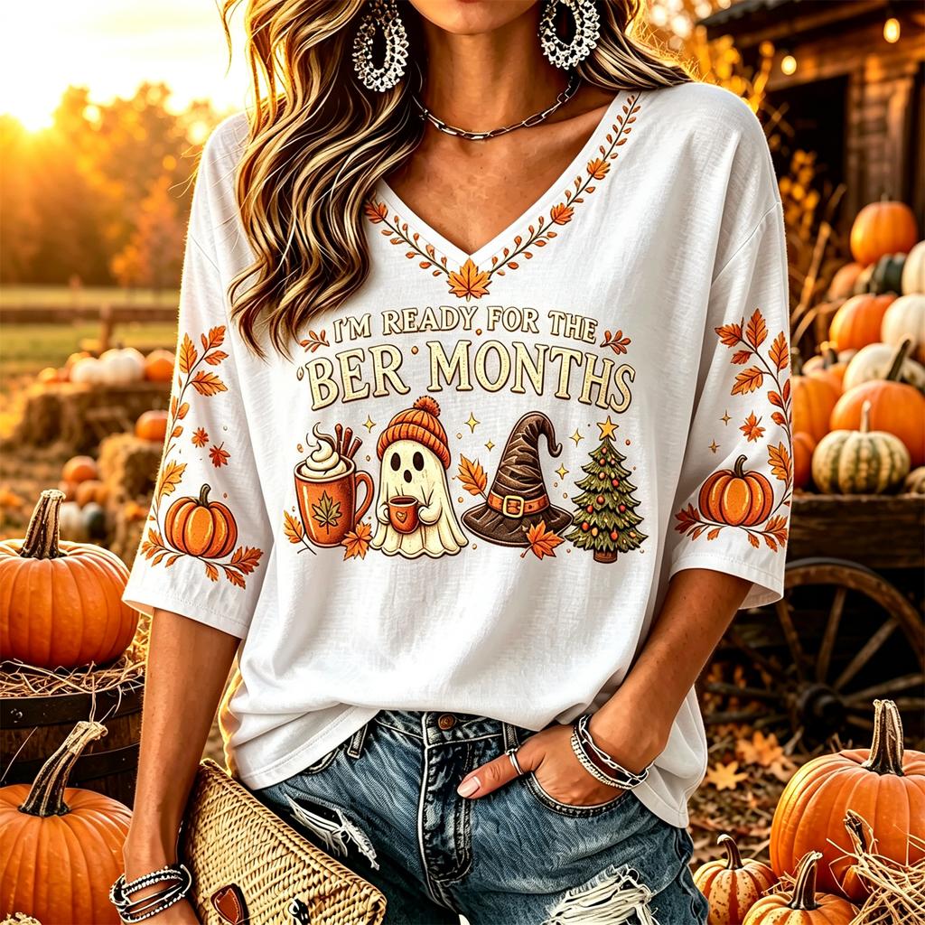 Women's Casual Thanksgiving Print V-Neck Pullover Top