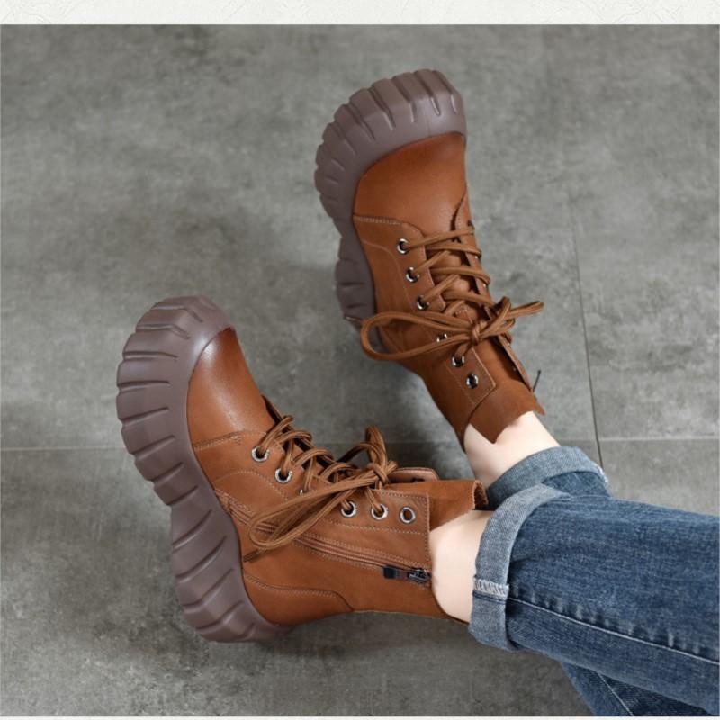 Johnature Genuine Leather Thick Soled Boots Retro Round Toe Lace Up Women's Platform Boots