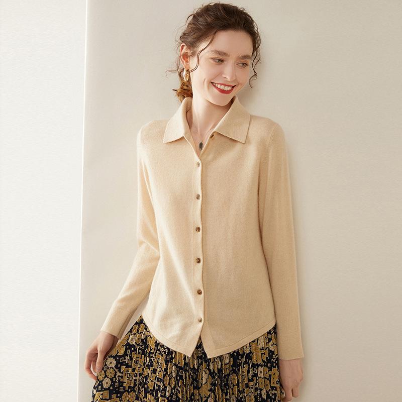 Women's Long Sleeve Cashmere Polo Neck Sweater with Lapel - Korean Style Cardigan Outerwear