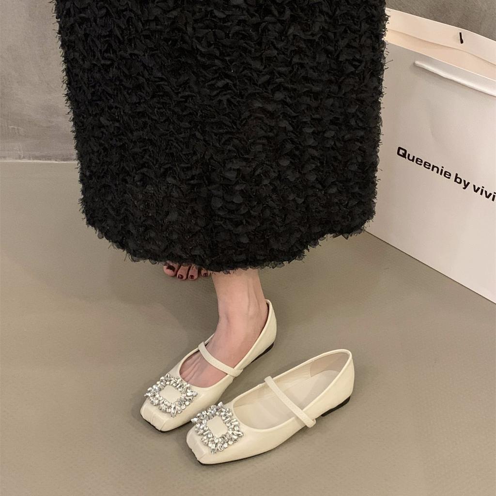 Dámské boty s plochým dnem, francouzské stříbrné boty Mary Jane, nové jarní a podzimní boty s čtvercovou hlavou a červenými kamínky, večerní boty