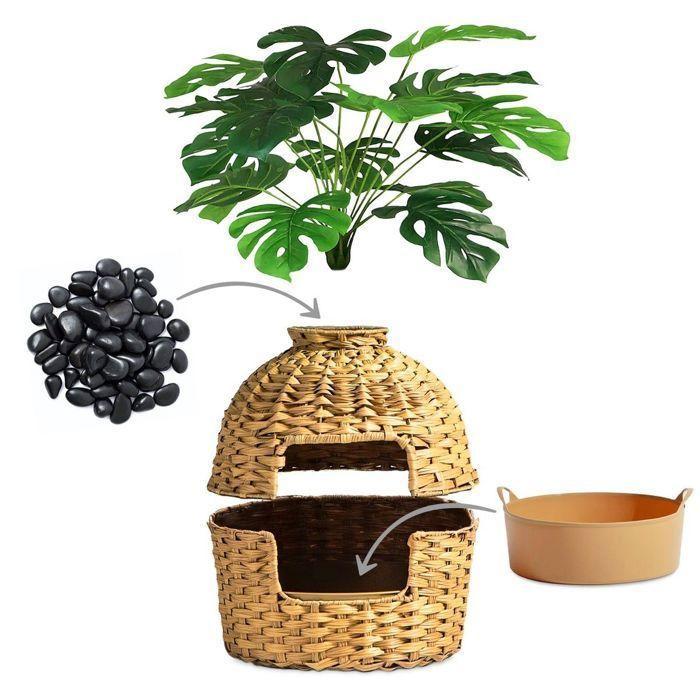 Kuwerka dla kota - CT03 Divit - Wygląd brązowego rattanu - Zintegrowana sztuczna roślina - Wyjmowana tacka