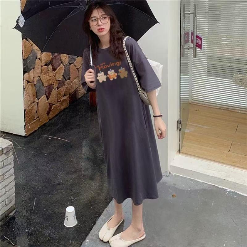 

Loose Short-sleeved Mid-length Slit T-shirt Dress M
