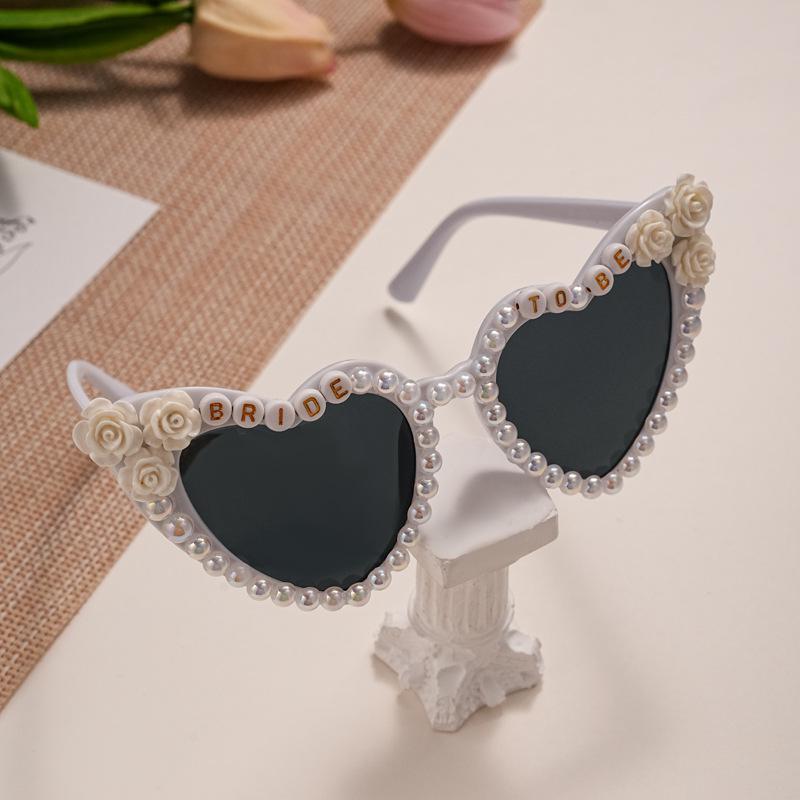 Heart-shaped Rhinestone Wedding Sunglasses for Bride - Pearl Bridal Party Glasses (White)