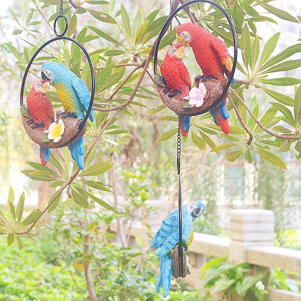 Iron Circle Double Parrot Pendant Cute Animal Sculpture Figurine Crafts Bird Statue  Lawn