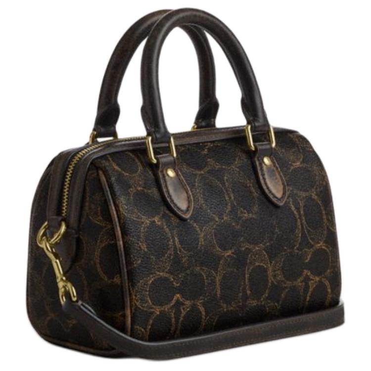 Coach Brown Signature Canvas Mini Rowan Duffle Bag with Leather Trim & Gold Hardware for Daily Use