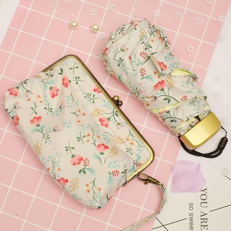 Dámské ultralehké mini ploché držadlo Pětidílný deštník květinový slunečný a deštivý deštník Rain &; Skladovací kabelka Lace Dembrella