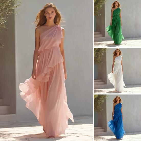 Nostalgie Chiffon Tiered Ruffle Dress for Women, Summer One Shoulder Flowy Beach Sundress, Formal Prom Evening Wedding Guest