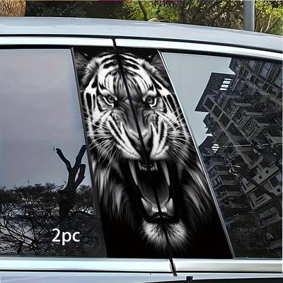 2D Flat, 2 Car Stickers, Vinyl Ferocious Tiger Roar - Self-adhesive, with 2D and 3D Style, Shiny Eyes, Scratch Resistant