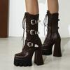 Sexy Punk Combat Boots Women Leather Platform 2024 Autumn Fashion Rubber Gothic Thick Heels Mid-calf Boot Women Large Size 48
