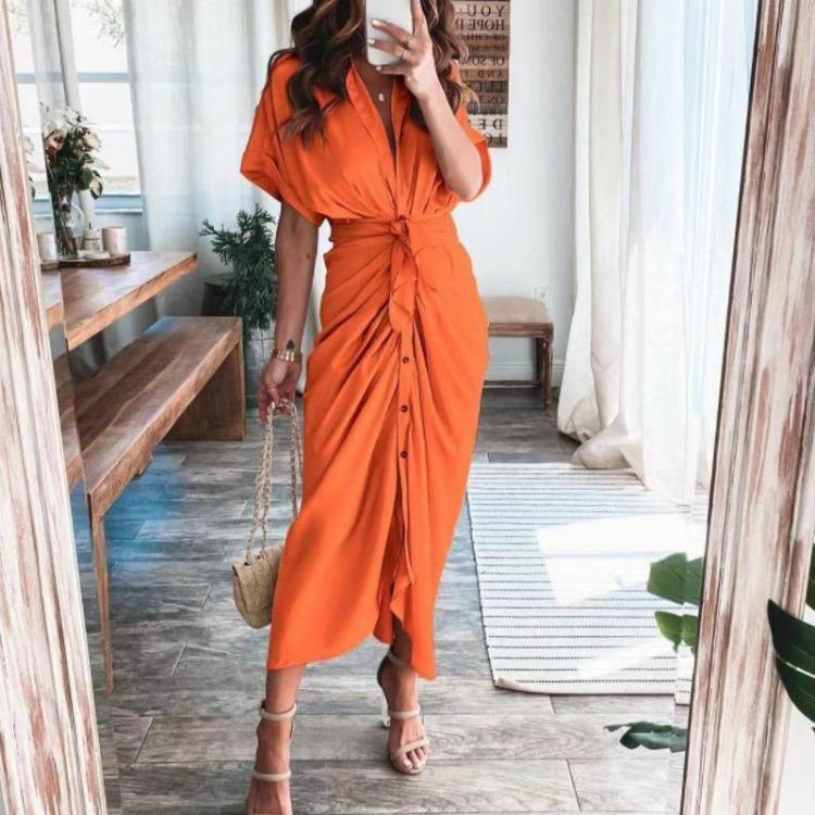 Fashion Women Elegant Turn Down Collar Shirt Dress Summer Short Sleeve with Slit Party Office Ladies Dresses