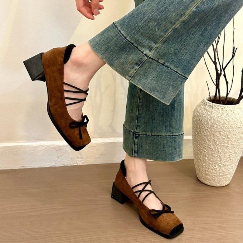 Fashion Autumn New Coarse Heel Single Shoes Women's Square Head Shallow Mouth Suede Butterfly Knot Soft Sole Non-slip Low Top Shoes