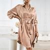 Elegant Women Long Sleeve Lace Up Dress Single Breasted Lapel Neck Autumn