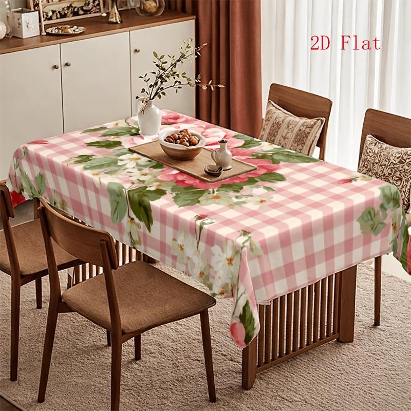 2D Flat 1pc Soft, Stylish, And Beautiful Pink And White Checkered Floral Tablecloth, Machine Washable And Easy to Clean, Suitable for Dining Tables/Te
