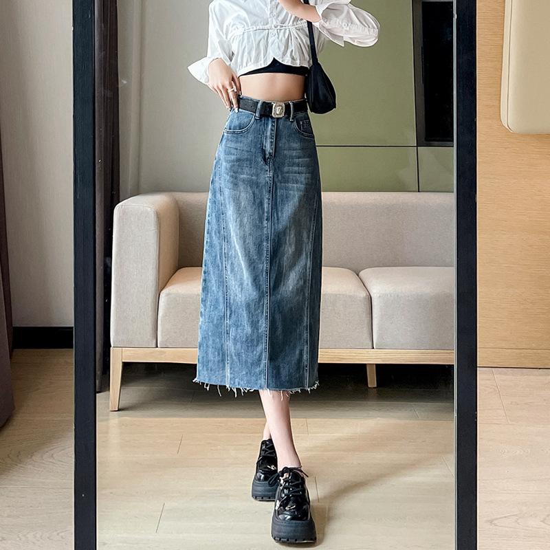 Gonna di jeans da donna estiva Forcella aperta nella lunga sezione di gonna a trapezio sottile a vita alta con gonna a metà corpo