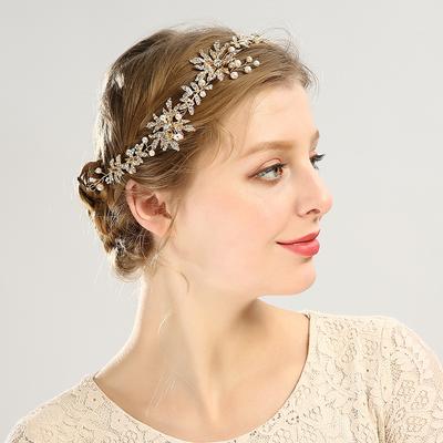 Goldfarben Kristall Perle Stirnband Haarreif Diadem für Damen Braut Strass Braut Hochzeit Haarschmuck Schmuck Ranke Band