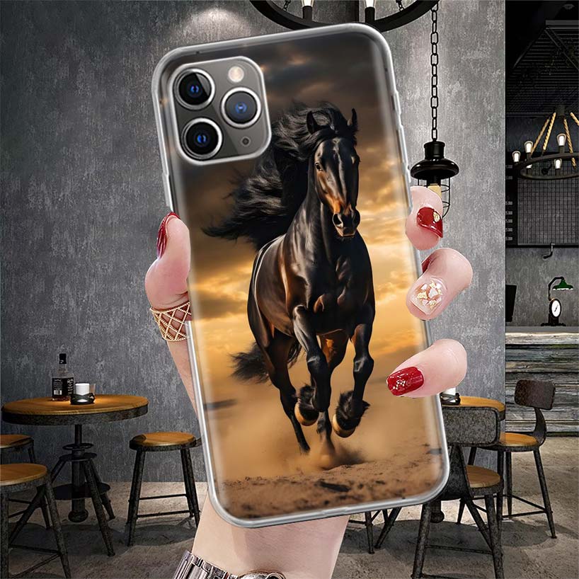 Étui de téléphone souple Cheval Noir Animal Pour IPhone 11 17 Air 16E 16 Pro Max 15 + 14 Plus 13 Mini 12 Apple 7 SE 8 Fundas Coque 11 17 A