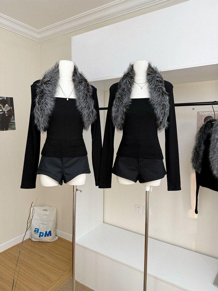 Black Fur Spicy Girl Long Sleeve Cardigan - Women's Autumn/Winter Slim Fit Crop Top with Sexy Design
