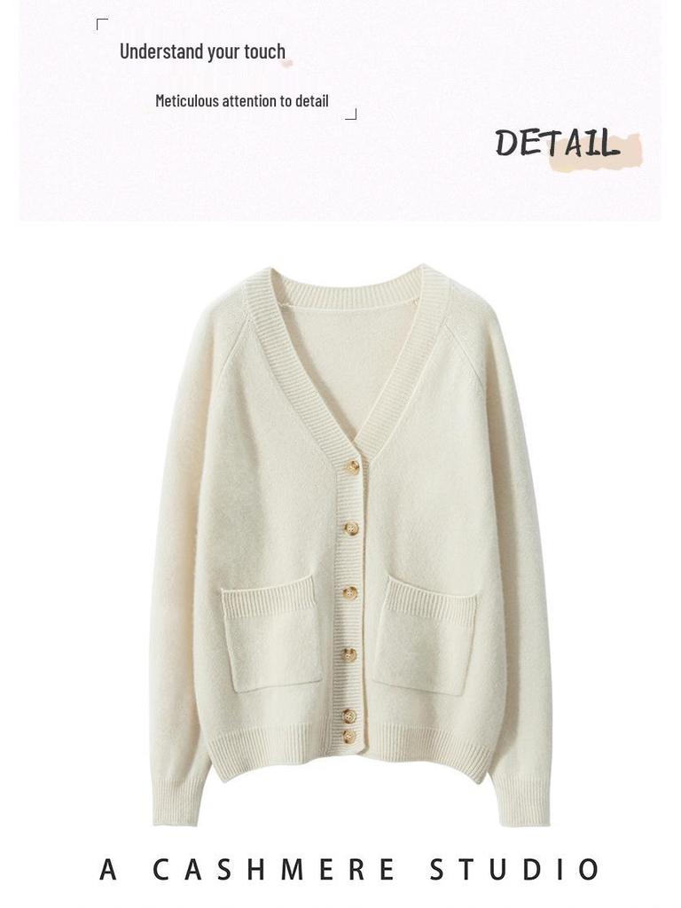 2024 Autumn/Winter Women's Thick Cashmere V-neck Cardigan Sweater, Loose Fit, Knitted Drop-shoulder Top