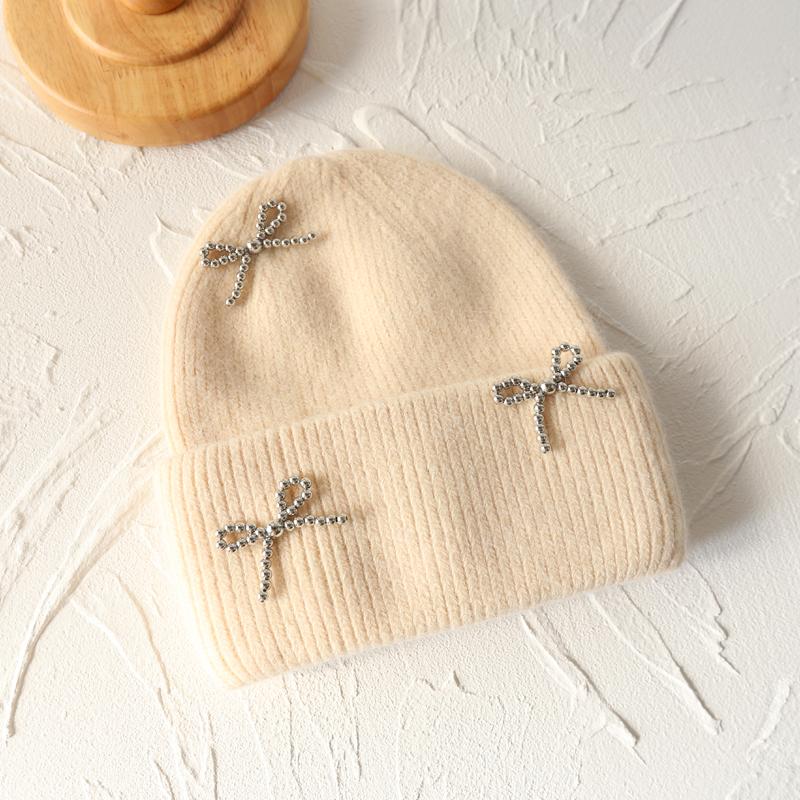 New Angora Rabbit Fur Bow Winter Hat For Women Knitted Fluffy Beanie Ladies Fashion Warm Plush Skull Womens Thick Fleece Hat Y2K