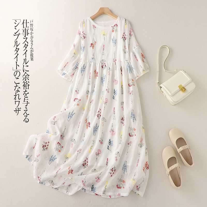 Women s Floral Print Cotton Linen Dress Loose Fit 3/4 Sleeve Casual Maxi Dress with Round Neck M
