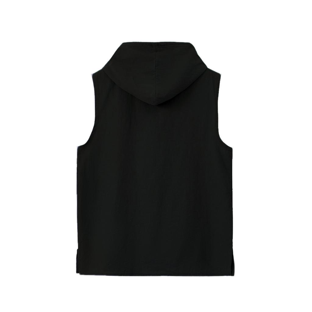Men Sleeveless Hoodie Button Front Pullover Linen Cotton Blend Casual Vest with Kangaroo Pocket and Adjustable Drawstring Hood