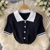 Søtt Todelt Collegesett for Kvinner Sommer Sexy Polo Krage Kortermet Knapper Strikket Topp og Elastisk Midje Mini Plisséskjørt Drakter