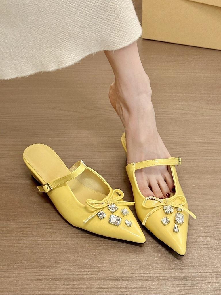 Galaxy Girl! Temperament Pointed Rhinestone Buckle Bow Wedge Heel Bag Head Half Slippers Women's Spring Shoes