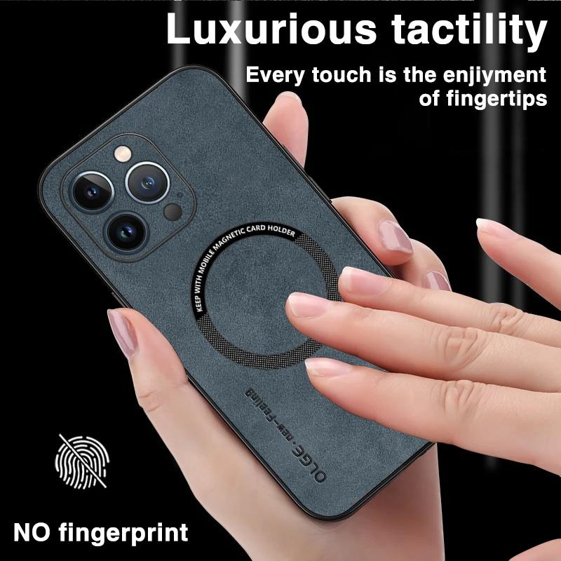 For Magsafe Wireless Charging Leather Case For iPhone 15 Pro Max 14 13 12 Pro Max Plus 11 Luxury Sheepskin Iron Ring Phone Cover