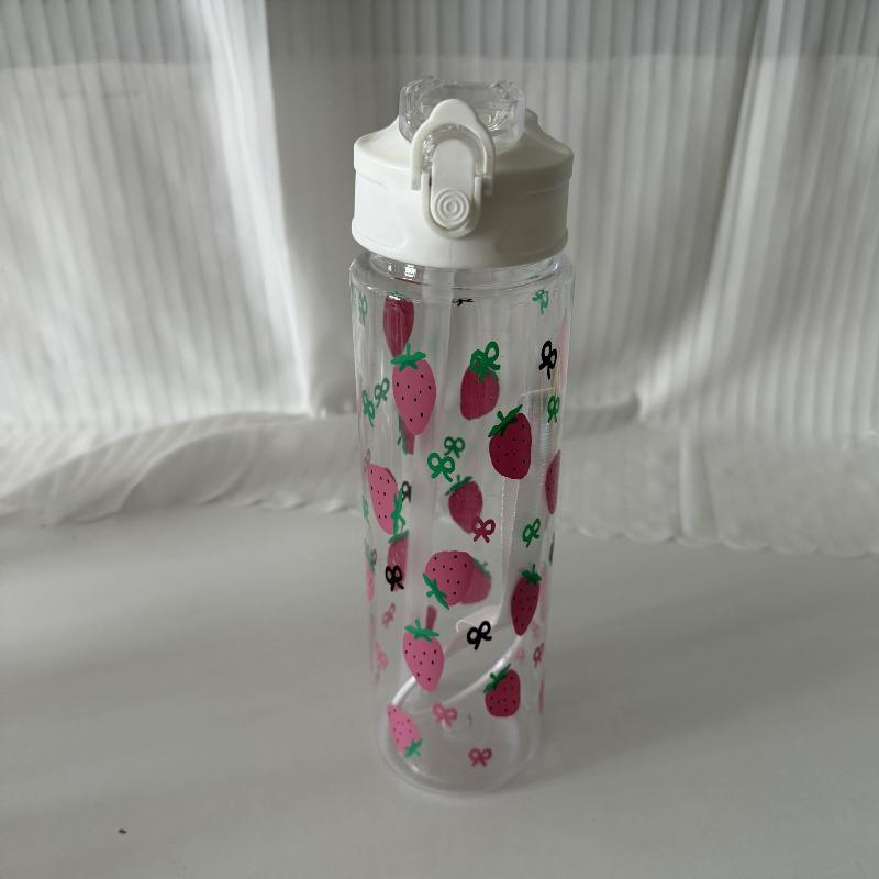 750Ml White Water Bottle Full Printed Cartoon Strawberry Bow Flower Fade Resistant Leakproof Reusable Stylish Cup For Sports
