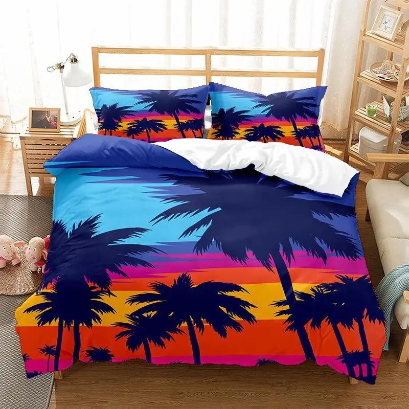 Beach Duvet Cover Twin King Size Microfiber Coconut Palm Trees Bedding Set Sunset Tropical Sandy Beach Landscape Comforter Cover