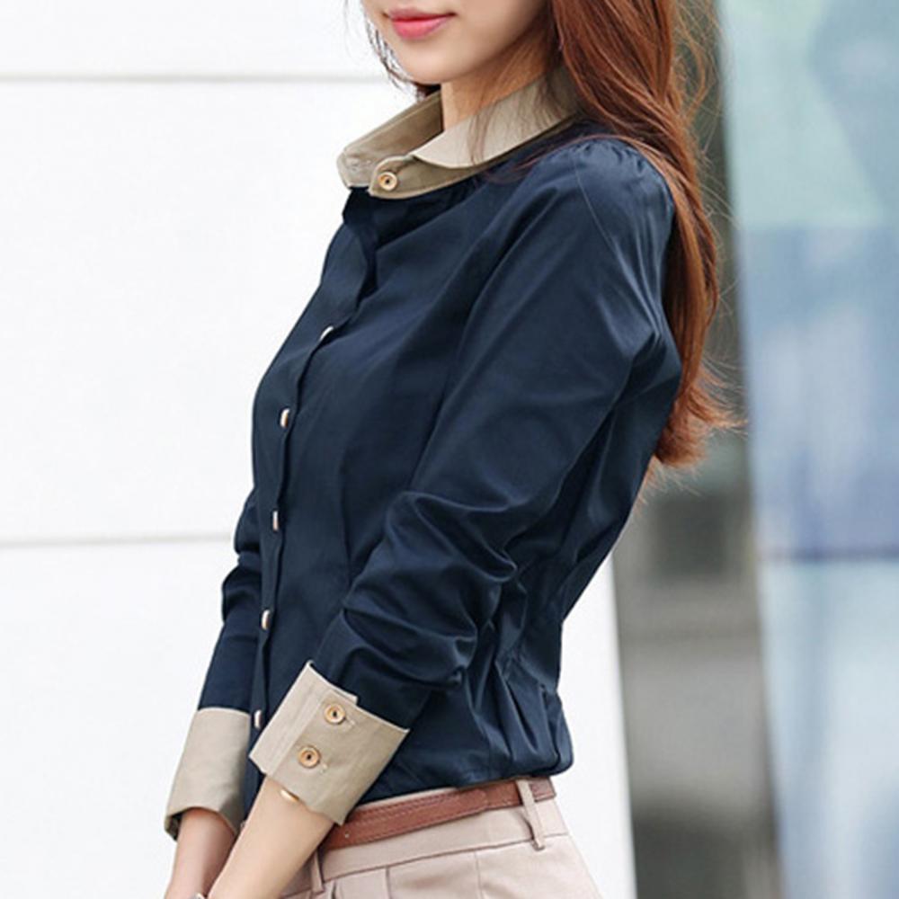 Camicia da Office da Donna Manica Lunga Collo a Revers Vita Stretta Bottoni Camicetta Top Camicie per Donne Moda Blu Scuro
