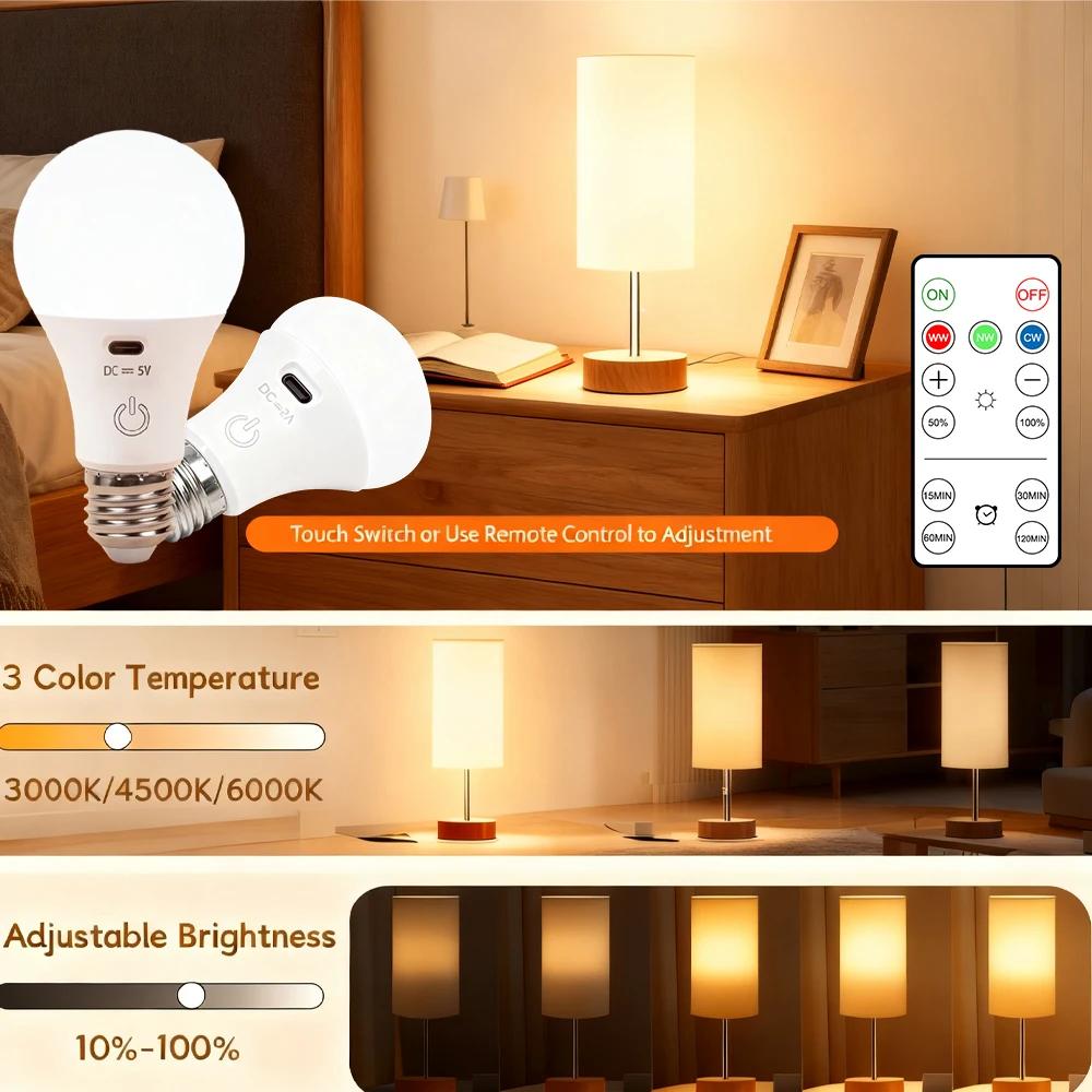 E27 Wireless RGB/CW Stepless Dimming USB Rechargeable Light Bulb with Remote Control Battery-Powered Light Bulb Dimmable/Timer