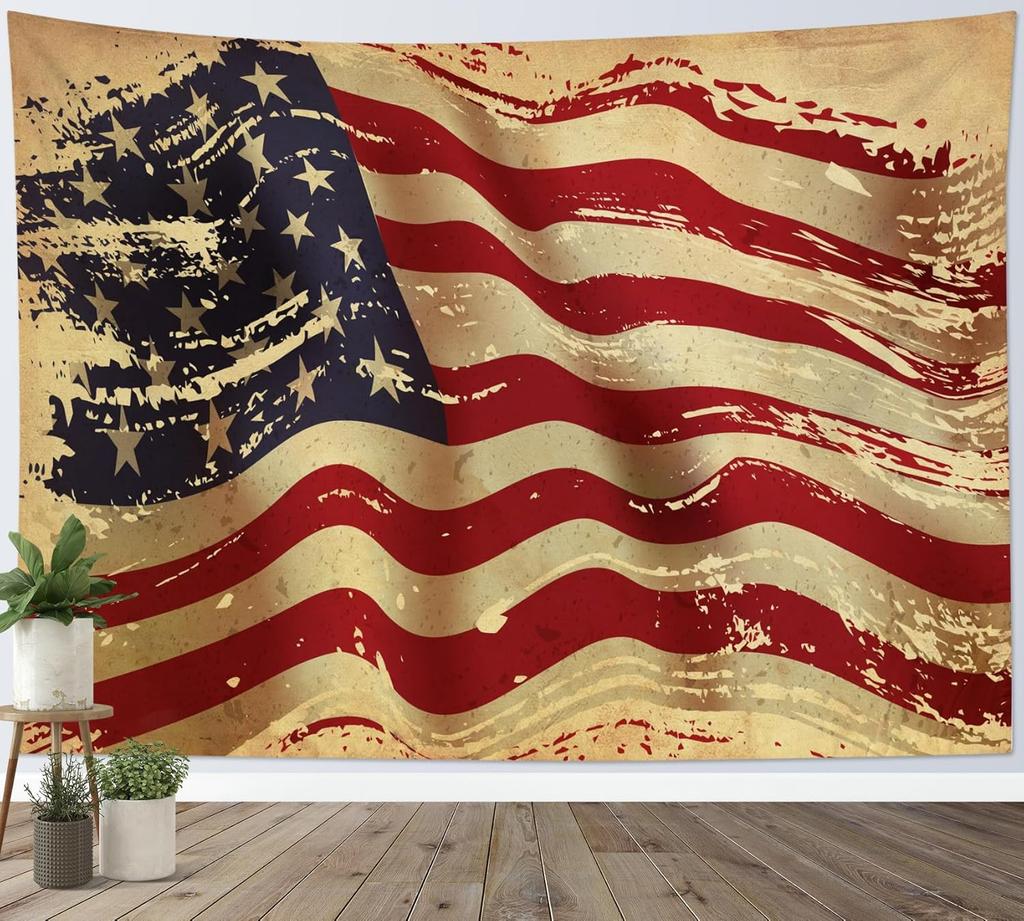 American Flag Tapestry Watercolor Vintage Stars Red Stripes Wall Tapestry Tree Woodland Western Usa Flag Aesthetic Tapestries