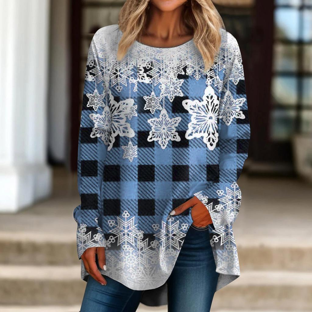 Women's Casual  Plus SizeLong Sleeved Round Neck Christmas Snowflake Plaid Printing T-shirt Top Pullover