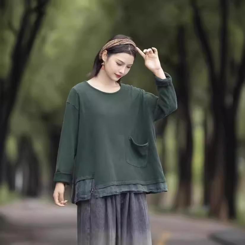 

Осенний хлопковый однотонный свитер с длинными рукавами и круглым вырезом, универсальная свободная и тонкая рубашка Niche One Size зелёный